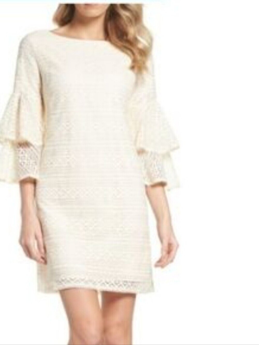 Eliza J Cream Lace Shift Dress with Tiered Bell Sleeves